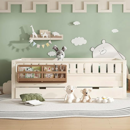 Bellemave Twin Kids Montessori Bed with Stairs, Bookshelf and Trundle, Solid Wood Kids Bed Frame with Storage for Boys Girls, Low Profile,Beige