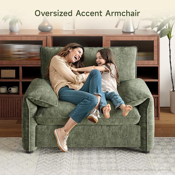 ONBRILL Oversized Accent Chair, 41 Inch Chenille Fabric Armchair, Comfy Single Sofa Chair with Padded Arms, Pocket Spring Cushion, Modern Reading Chair for Living Room, Bedroom, Green