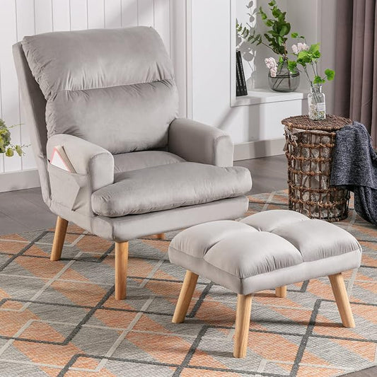 CANMOV Modern Accent Chair with Ottoman, Soft Fabric Armchair with Adjustable Backrest and Side Pockets, Comfy Lounge Chair for Living Room, Bedroom, Apartment, Office, Grey