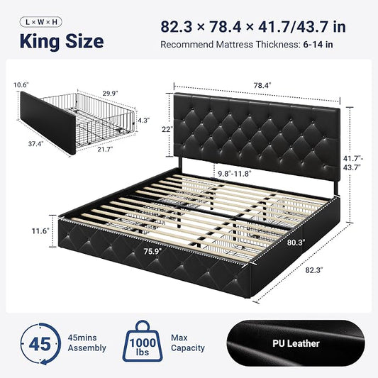 Allewie King Size Black Metal Faux Leather Platform Bed Frame with 4 Drawers