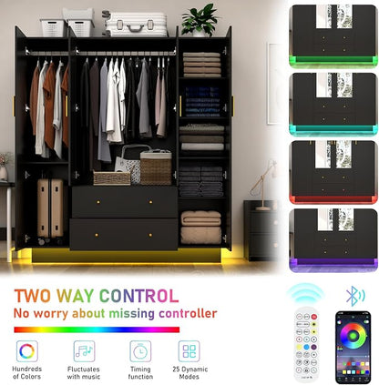 jiteentarou 4 Door Wardrobe Closet with Mirrors and LED Lights, Bedroom Armoire with Drawers and Shelves, Modern Wooden Armoire Wardrobe Closet with Hanging Rod for Bedroom, Black