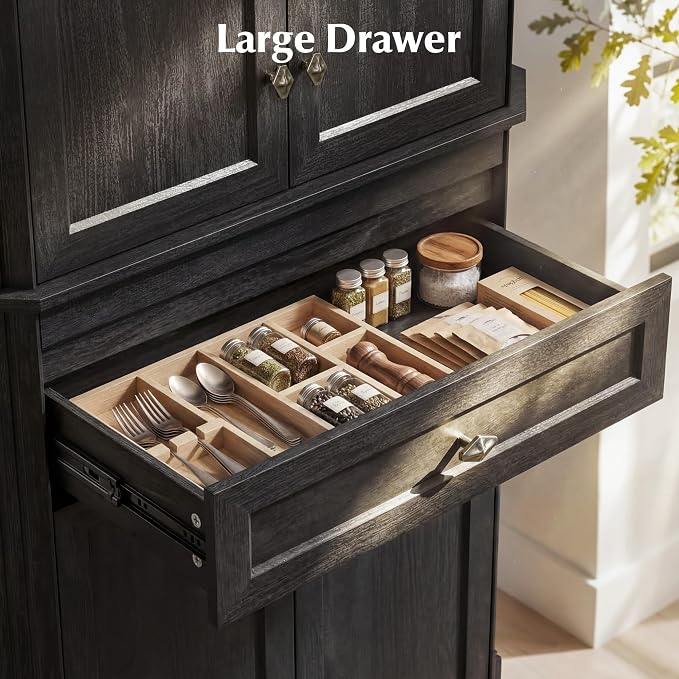 72.2" Tall Kitchen Pantry Cabinet with Doors, Farmhouse Storage Cabinet with Charging Station & LED Light, Drawer, Adjustable Shelves and Pull-Out Shelves, Black Wood Pantry Cupboard for Dining Room