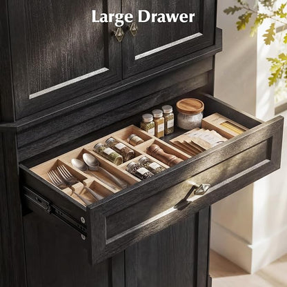 72.2" Tall Kitchen Pantry Cabinet with Doors, Farmhouse Storage Cabinet with Charging Station & LED Light, Drawer, Adjustable Shelves and Pull-Out Shelves, Black Wood Pantry Cupboard for Dining Room
