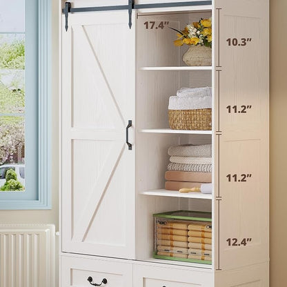 IRONCK Armoire Wardrobe Closet with 4 Drawers,71" Wardrobe Cabinet with Sliding Barn Doors, Tall Clothing Storage Cabinet with Hanging Rod and Shelves for Bedroom, White