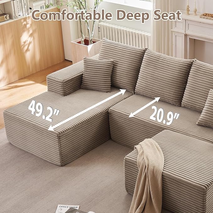 107" Cloud Modular Sectional Couches, Modern Convertible U Shaped Couch, 3 Seat Corduroy Comfy Deep Seat Sectional Sofa Oversize Deep Seat Sofa Camel