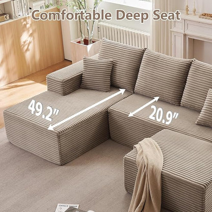 107" Cloud Modular Sectional Couches, Modern Convertible U Shaped Couch, 3 Seat Corduroy Comfy Deep Seat Sectional Sofa Oversize Deep Seat Sofa Camel