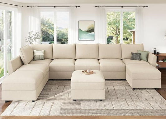 HONBAY Modular Sectional Sofa with Storage, U Shaped Couch Modular Convertible Sectional Couches for Living Room - Beige