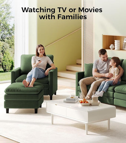 Welzona 3-Layers Cloud Accent Chair with Ottoman, 33" Comfy Reading Chair for Bedroom, Living Room, Tool-Free Assembly with Teddy Fabric Arm Chairs and Ottoman Set, Green, Removable Washable Cover