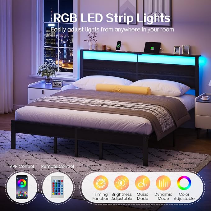 Liians Black King Size Bed Frame with LED Lights and Charging Station, King Size Platform Bed with Metal Slats and Wood Headboard, No Box Spring Needed