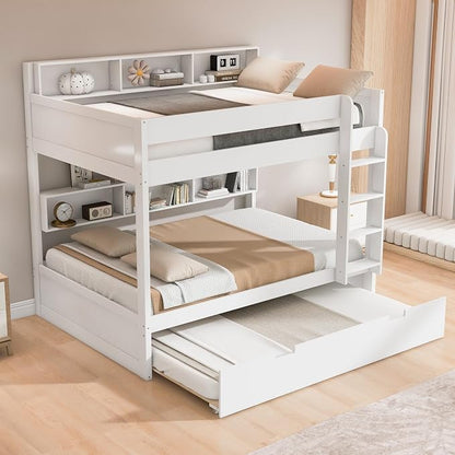 Harper & Bright Designs Rustic Wood Bunk Bed with Pull-Out Trundle, Full Over Full Wooden Bunk Bed with Large Cabinet Beside Upper and Down Bed, White