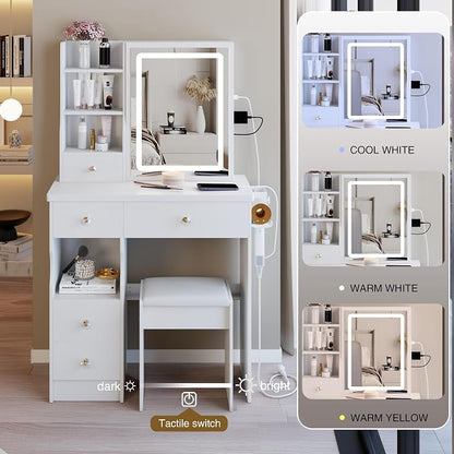 4 Pieces Full Bedroom Set, Modern PU Fabric Metal Bed Frame with Charge Port, LED Light& Adjustable Headboard, Vanity Table with Slide LED Mirror& Hair Dryer Holder, 2 Nightstands with Charge