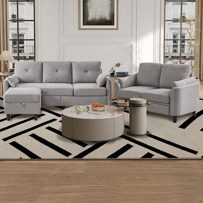 Convertible Sectional Sofa Set, 77" Small L Shaped 3 Seat Couch with Ottoman and 57" Loveseat, Modern Sofa Couches for Living Room, Light Grey