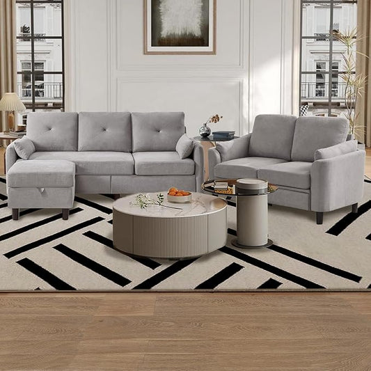 Convertible Sectional Sofa Set, 77" Small L Shaped 3 Seat Couch with Ottoman and 57" Loveseat, Modern Sofa Couches for Living Room, Light Grey