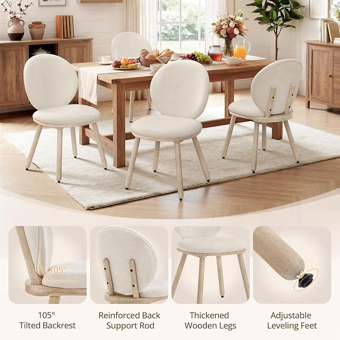 LUE BONA Dining Chairs Set of 4, Upholstered Fabric Kitchen Chairs with Dual-Spine Backrest, Kitchen Chair with Solid Wood Legs and Ergonomic Curved Seat, Easy Assembly for Kitchen Dining Room, Linen