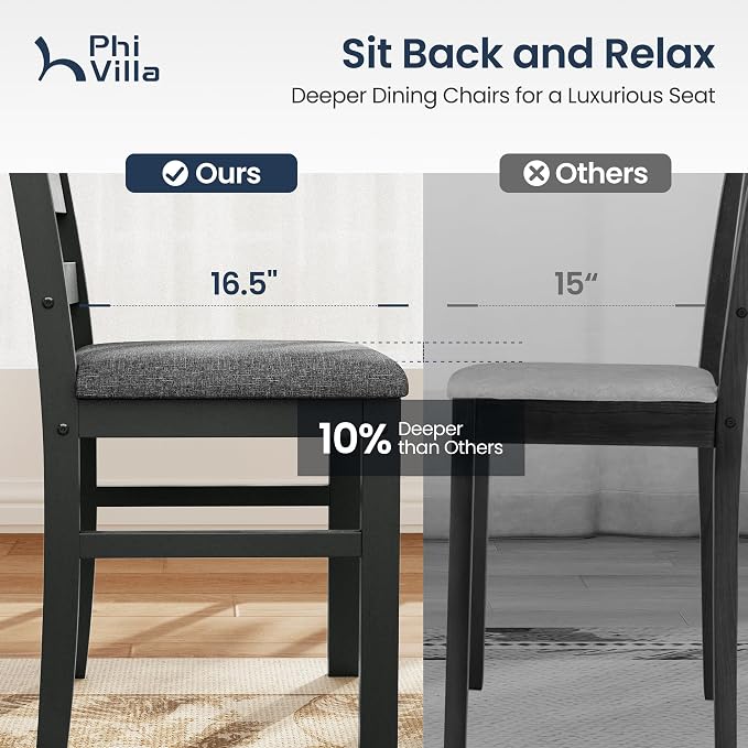 PHI VILLA 5 Piece Dining Table Set for 4, Marble Design Kitchen Table Chairs Set of 4, Solid Wood Space-Saving Dining Room Table Set for Apartment, Veined Black Marble& Gray