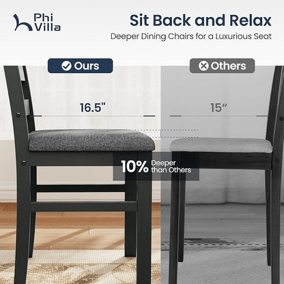PHI VILLA 5 Piece Dining Table Set for 4, Marble Design Kitchen Table Chairs Set of 4, Solid Wood Space-Saving Dining Room Table Set for Apartment, Veined Black Marble& Gray