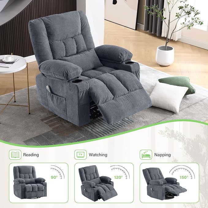 BOSMILLER 360° Swivel Rocker Recliner Chair for Adults,Oversized Recliner Chair with Massage and Heating, Manual Nursery Glider Recliner with Cup Holder and Side Pocket for Living Room, Bedroom