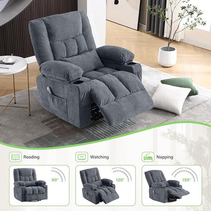BOSMILLER 360° Swivel Rocker Recliner Chair for Adults,Oversized Recliner Chair with Massage and Heating, Manual Nursery Glider Recliner with Cup Holder and Side Pocket for Living Room, Bedroom