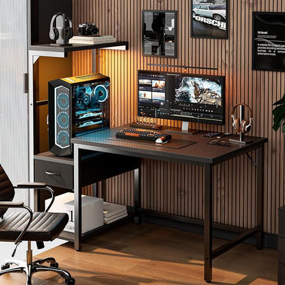 Grandder Gaming Desk 47 Inch with CPU Stand and LED Light, Computer Desk with Reversible Shelves and Storage Drawer, Pc Small Desk for Home Office Table with Bag, Carbon Fiber Black