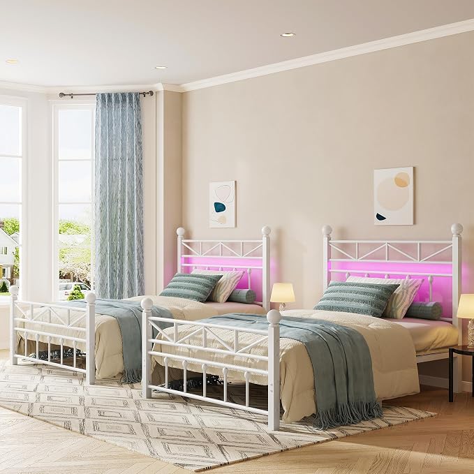 EnHomee 14.2" Metal Twin Bed Frames with Tall Headboard & Footboard, LED Light Twin Bed Frame, Strong Slats Support and Noise-Free Design with Under Bed Storage/No Box Spring Needed/White