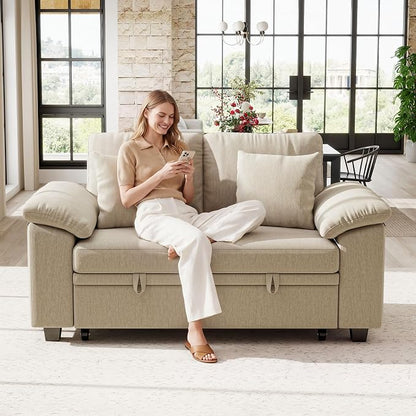 Ihanherry 61" Loveseat Sleeper Sofa, 2-in-1 Pull Out Couch Bed with 2 Pillows, Chenille Convertible Sofa Bed, Small Space Sleeper Couch for Living Room Apartment (Sand)