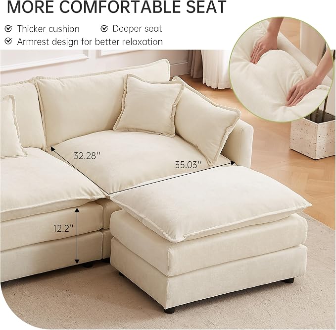 Modular Sectional Sofa, 112.2 Inch L Shaped Couch Set with Armrests, 3-Seater Comfy Cloud Couches with Movable Ottoman for Living Room Apartment, Beige