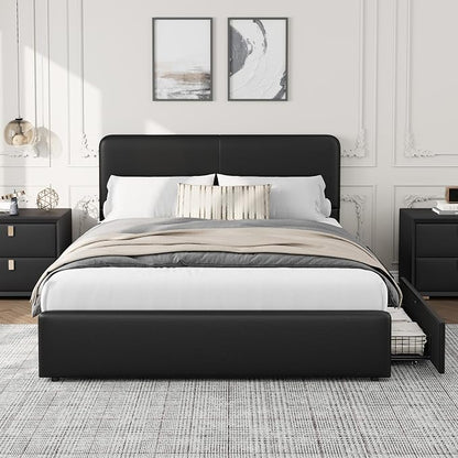 GarveeHome Modern Upholstered Platform Bed Frame with Headboard and Storage Drawers – PU Black Faux Leather, Sturdy Wooden Slats, Noise-Free, Easy Assembly – Queen Size, PU Black