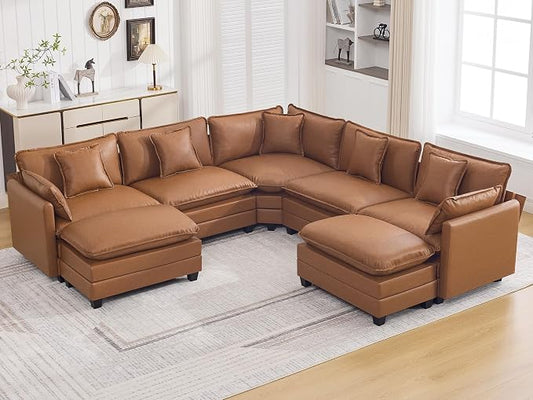137'' V Shaped Cloud Sectional Sofa, Oversized Deep Seat Leather Couches for Living Room, Comfy Upholstered Modular Sectional Sofa Couch with 2 Movable Ottoman, Leather Light Brown