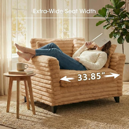 ERYE 46.9" Corduroy Upholstered Accent Chair Wide Seat Armchair for Living Room Bedroom, Modern Cloud Cushion Armchair W/ 2 Pillows and Wooden Legs for Home Apartment Office