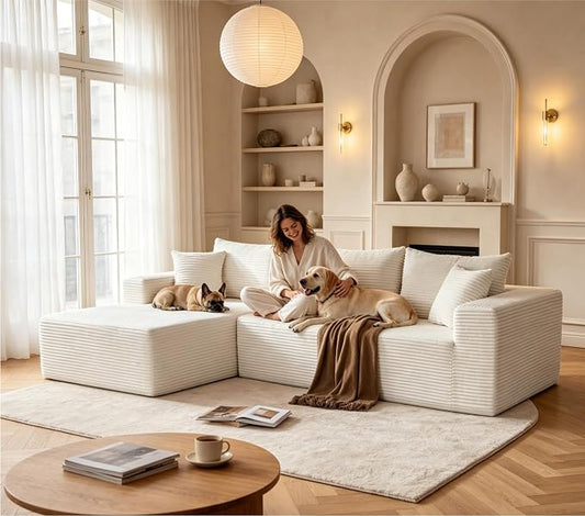 Mangodan 110” Cloud Sectional Couch, Modular Sectional Sofa for Living Room, Boneless Sofa with Deep Seat, Comfy Fluffy Couch with L-Shaped Chaise, No Assembly Required (Left-Facing Chaise, Beige)