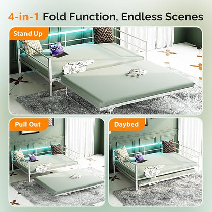 VINGLI White Full Daybed with Pop Up Trundle, Metal Sofa Day Bed Frame with LED Lights and Charging Station, Platform Bed with Trundle Bed Twin, Sturdy Steel Slats Support
