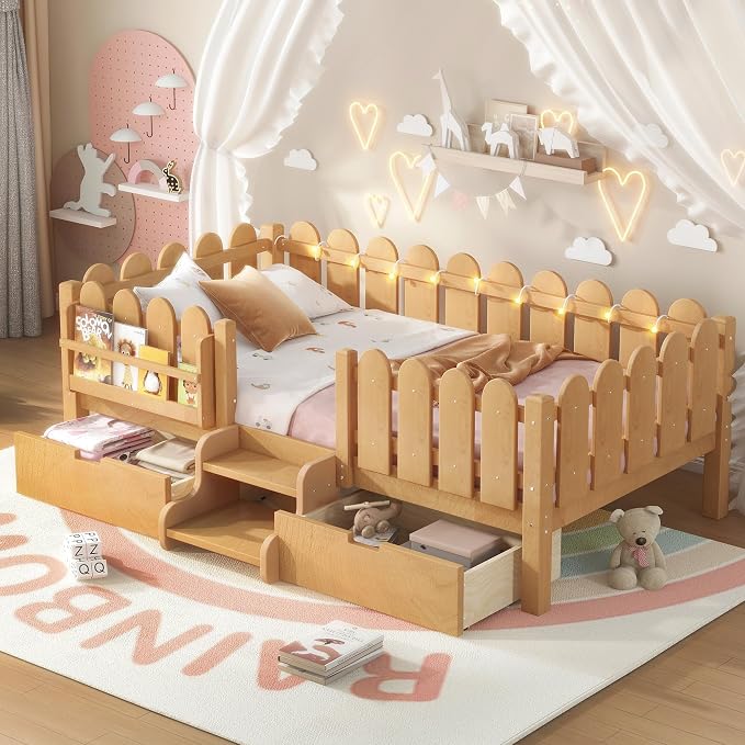 Bellemave Twin Montessori Bed with Stairs, Lights, Rails and Slats, Twin Size Montessori Floor Bed with Bookshelf and 2 Storage Drawers, Easy Assemble Beds Frame for Girls, Boys, Light Natural