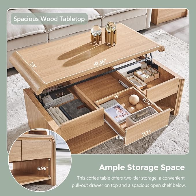 Aitjunz 47" Lift Top Coffee Table with Storage, Modern Coffee Table with Pull-Out Drawer and Two-Tier Storage, Rectangle Wood Center Table w/Curved Profile Design for Living Room, Natural