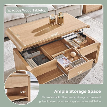 Aitjunz 47" Lift Top Coffee Table with Storage, Modern Coffee Table with Pull-Out Drawer and Two-Tier Storage, Rectangle Wood Center Table w/Curved Profile Design for Living Room, Natural
