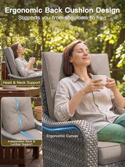 3-Piece Patio Furniture Set, Outdoor Swivel Rocking Chairs with 4" Thick Cushions & Side Table, All-Weather PE Rattan & Rust-Resistant Steel Frame Conversation Set for Porch, Garden, Backyard, Beige