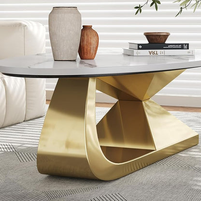 51.2-Inch Modern Oval Marble Coffee Table with Sturdy Gold Stainless Steel Base - Elevate Your Living Room with Style & Luxury, Scratch-Resistant & Easy Assembly.