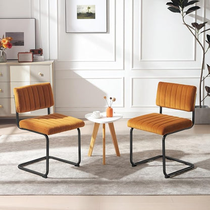ONEVOG Velvet Dining Chairs Set of 2, Upholstered Kitchen Dining Room Chair, Comfy Chair with Black Metal Legs, Cantilevered Design Chair for Bedroom, Living Room (Orange)