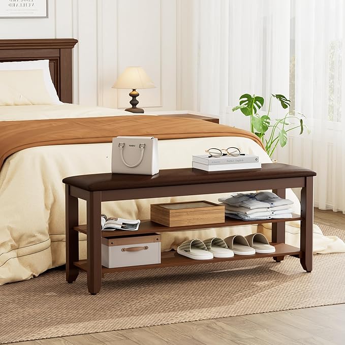 Homleke 2-Tier Solid Wood Shoe Rack Bench with Flip-Top Storage | Entryway Bench with Cushion, Adjustable Shelf, Holds Up to 10 Pairs, for Hallway, Bedroom and Closet, Walnut, 39.4 Inch