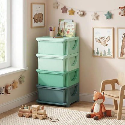 Qaba 4 Drawers Kids Storage Unit, 4 Tier Stackable Toy Organizers and Storage Chest for Bedroom, Nursery, Playroom, Living Room, Boys, Girls, Toddlers, Green