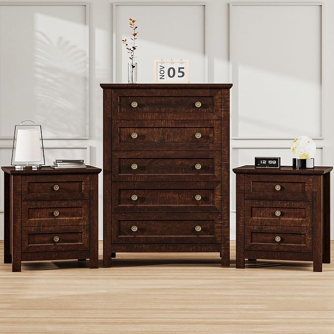 Farmhouse Dresser Nightstand Sets, 3-Piece Bedroom Furniture Set for Home | 5 Drawer Dresser Closet & 3 Drawer Nightstand Set of 2, Chest of Drawers for Bedroom, Living Room, Entryway, Dark Brown