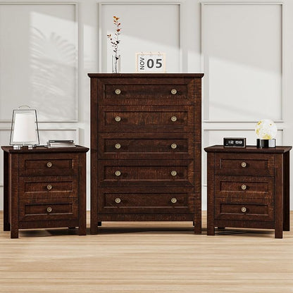 Farmhouse Dresser Nightstand Sets, 3-Piece Bedroom Furniture Set for Home | 5 Drawer Dresser Closet & 3 Drawer Nightstand Set of 2, Chest of Drawers for Bedroom, Living Room, Entryway, Dark Brown