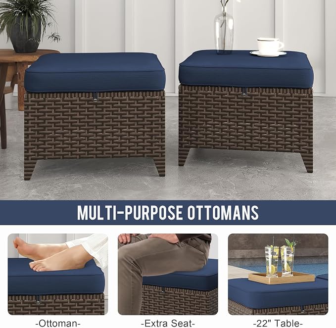 3 Pieces Patio Furniture Set, Outdoor PE Wicker High Back Couch & 2 Rattan Ottomans, All Weather Patio Set with Waterproof Cushion for Porch, Backyard and Deck