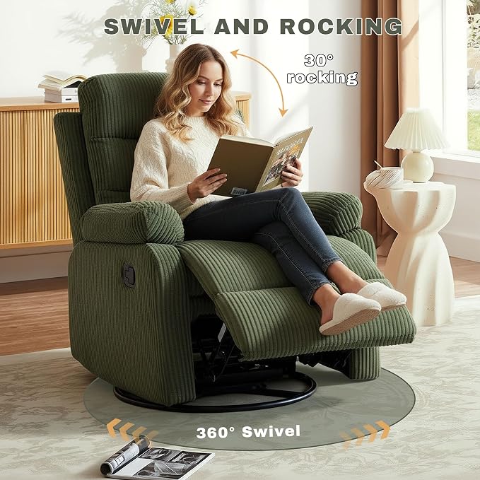 Rocking Recliner Chair,Modern Swivel Glider Recliner Chair,Corduroy Fabric Upholstery Recliner,Manual Reclining Sofa Chair for Living Room,Office,Apartment (Green)