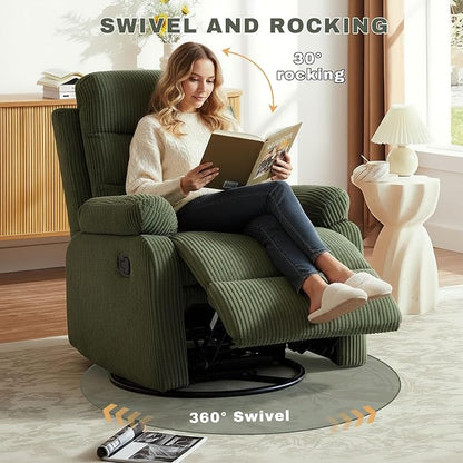 Rocking Recliner Chair,Modern Swivel Glider Recliner Chair,Corduroy Fabric Upholstery Recliner,Manual Reclining Sofa Chair for Living Room,Office,Apartment (Green)