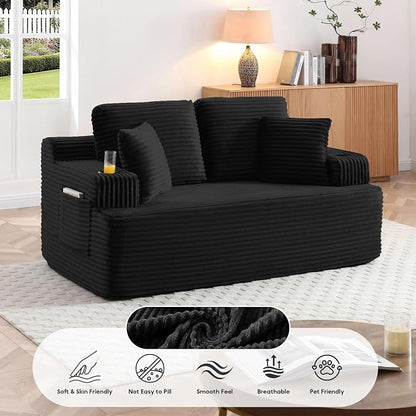 66.5'' Boneless Sofa Couch with Cup Holders & Side Pockets, Modern Corduroy Fabric Upholstered Loveseat Couch with 2 Throw Pillows for Living Room Office, No Assembly (Black)