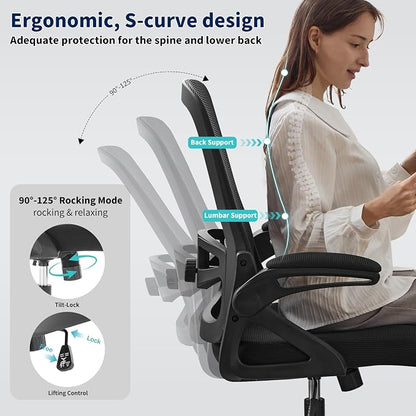 Ergonomic Office Chair, Desk Chair with Adjustable Lumbar Support, Breathable Mesh Comfy Computer Chairs with Flip-up Armrests Executive Task Chair for Adults Home Office (4Pcs)