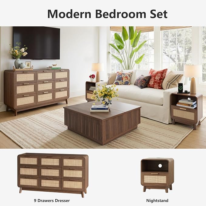 FORTUNETEC 55" Rattan 9 Drawer Dresser, Modern Farmhouse & Boho Wooden Chest of Drawers with Walnut Wood Grain, Multifunctional Storage Bedroom Set for Bedroom, Living Room, TV Stand