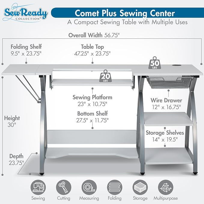 Comet Plus Sewing Table with Wire Mesh Drawer + Shelves - Can Also Be Used as Computer Desk
