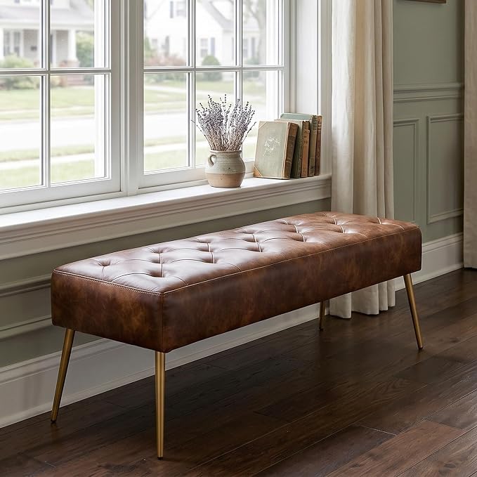 DUHOME Button-Tufted Ottoman Bench, Upholstered Bedroom Benches with Gold Legs Faux Leather Bench for Entryway Dining Room Living Room Bedroom End of Bed, Yellowish Brown