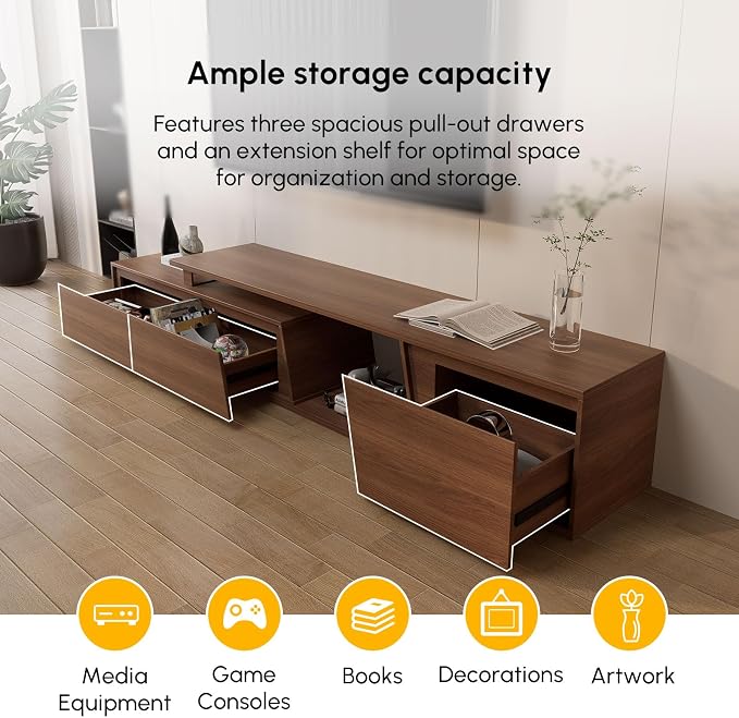 homary Media Console Walnut, Extendable TV Stands for Living Room, Minimalist Entertainment Center with 3 Drawers, Adjustable TV Stand for Up to 110 Inch TVs